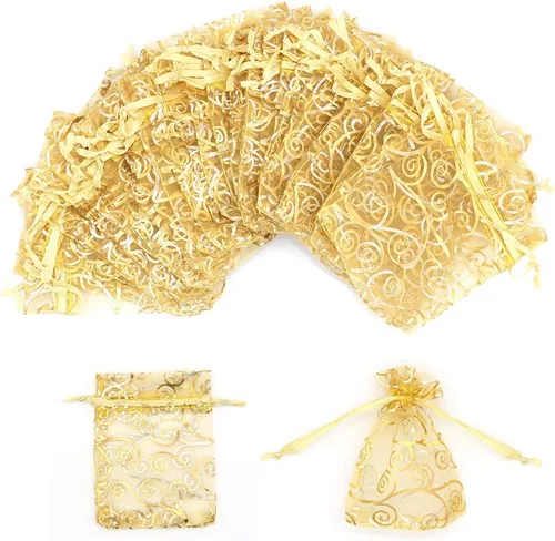 Miniatura 10 de Staruby Bolsas de regalo de organza doradas con cordón de 50 unidades de 4x6 pulgadas y 50 unidades de 5x7 pulgadas, bolsas de malla para regalos