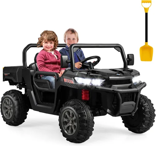 Costzon Camión volquete con control remoto, UTV eléctrico de 12 V para niños con cama volquete eléctrica, función de balanceo, pala, 4 suspensiones