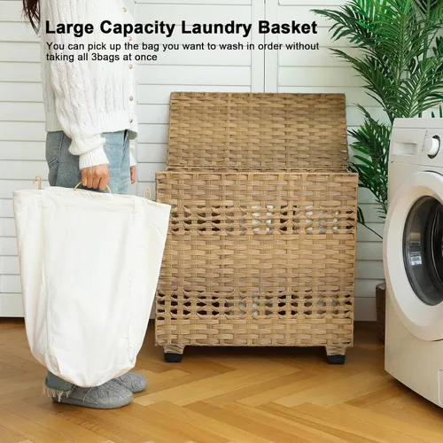 Miniatura 6 de OIAHOMY Cesta de lavandería con tapa, cesta de ropa de 140 litros con 3 bolsas extraíbles con forro, cesta plegable con tapa, cesta de mimbre