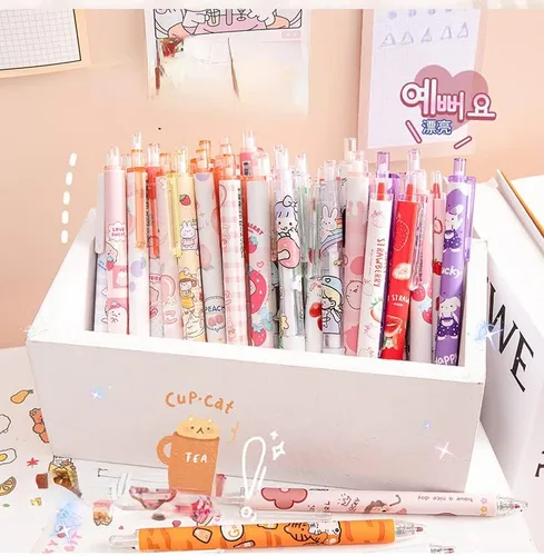 Miniatura 4 de 30 bolígrafos Kawaii con calcomanías, bonitos bolígrafos de gel retráctiles, punta bala, suministros escolares estéticos estacionarios