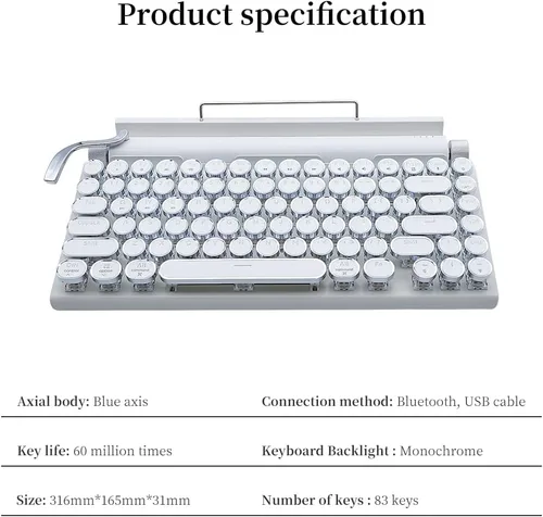 Miniatura 6 de Teclado mecánico de 83 teclas Punto Retro Máquina de escribir Teclado Bluetooth inalámbrico, mecánico de juegos, Interruptor azul anti-fantasma