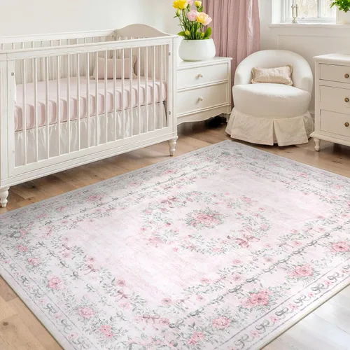 Miniatura 37 de Wonnitar Alfombras rosas para dormitorio, niñas, guardería, alfombra lavable con estampado floral de 5 x 7 pies, bohemio, ultrafina, antideslizante