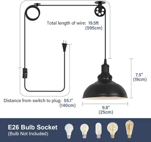 Miniatura 3 de Lámpara Colgante Industrial Negra Enchufable con Polea con Cable de 19.5 pies con Interruptor de Encendido/Apagado, Moderna Lámpara Colgante