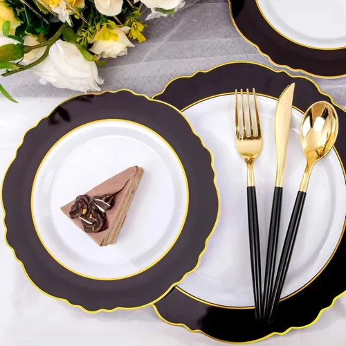 Miniatura 6 de WDF 30 Invitados - Platos de plástico negro y dorado, platos de Año Nuevo, cubiertos de plástico dorado con mango negro, vajilla desechable barroca