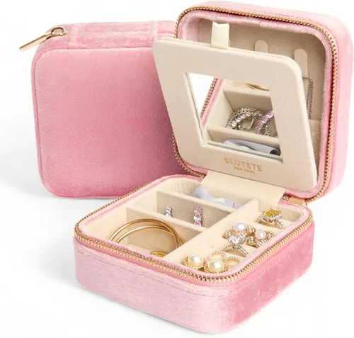 Miniatura 85 de BLUTETE Joyero de viaje organizador de terciopelo con anillos de espejo, aretes, collares, caja organizadora de almacenamiento (negro)