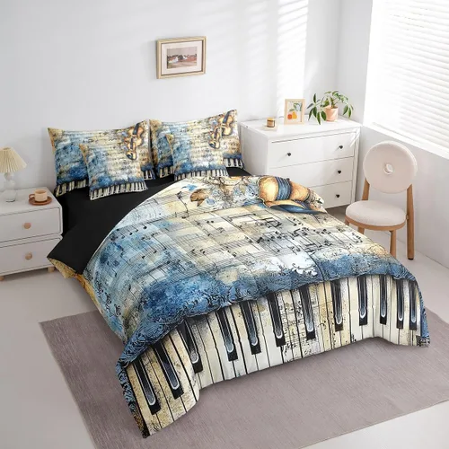 Miniatura 3 de Erosebridal Juego de edredón de 7 piezas con diseño de piano, cama Queen en una bolsa, juego de ropa de cama retro con notación musical de guitarra