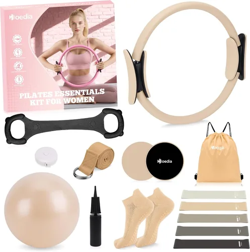 Miniatura 9 de Hoedia Kit de Pilates de 17 Piezas para Mujeres, Equipo de Pilates Anillo y Pelota Set con Bandas de Resistencia, Correa de Yoga, Deslizadores