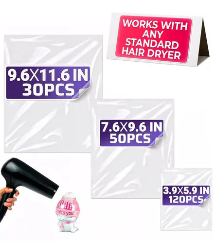 200 bolsas termorretráctiles – 3 tamaños 3.93 x 5.90 (120) 7.67 x 9.64 (50) 9.64 x 11.61 (30) – Película de PVC transparente para regalo seguro y
