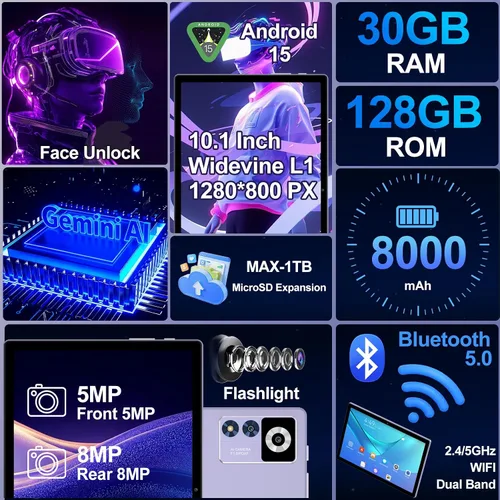 Miniatura 6 de Tableta Android 15 2025 con teclado AI Gemini, Tablets de Electrónica de 30GB+128GB de Ocho núcleos con pantalla IPS HD de 10 pulgadas, 8000mAh