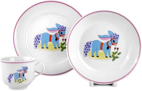 Juego de 3 platos y tazas de porcelana para niños de 7.6 fl oz (7.6 fl oz), platos planos y tazas (burro)