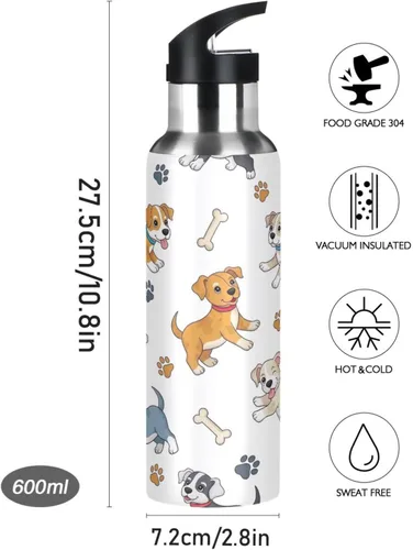 Miniatura 9 de Paw Prints Dog Bones White Stainless Steel Vacuum Insulated Water Bottle 20 Oz Leakproof Water Bottles, BPA-Free Sports Water Bottle with Straw