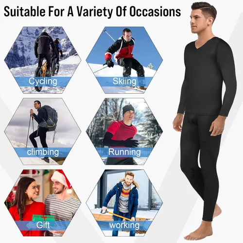 Miniatura 7 de Patelai Juego de 3 ropa interior térmica para hombre, capa base cálida de invierno, cuello en V, forro polar térmico para clima frío