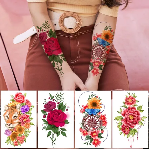 Miniatura 3 de Yazhiji 49 hojas de tatuajes temporales para mujeres y hombres 3D extra grandes, impermeables, sexy, flores, kits de tatuajes falsos Color flower