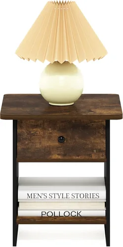 Miniatura 4 de Furinno Dario - Mesa auxiliar / estante de almacenamiento de noche con cajón de contenedor, pino ámbar/negro, 1 paquete, contenedor superior