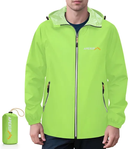 Miniatura 7 de APEXUP Chaqueta de lluvia empacable para hombre con cremallera reflectante, impermeable ligero, chaqueta de lluvia para hombre para deportes al aire