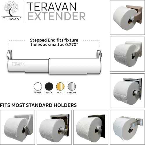 Miniatura 5 de Teravan Extensor de soporte de papel higiénico estándar para rollos extra grandes, perfecto para rollos dobles, triples en soportes de pared de baño
