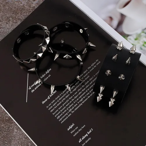 Miniatura 4 de Manfnne - Pulsera de cuero punk, gótica, con joyas de roca tachonadas de metal