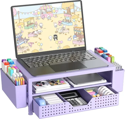 Miniatura 8 de OPNICE Soporte elevador de monitor doble con cajón y 2 soportes para bolígrafos, organizador de escritorio para suministros de oficina, soporte