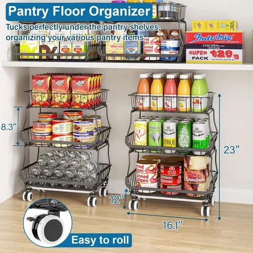 Miniatura 2 de OKZEST Organizador de piso de despensa rodante de 3 niveles y carrito de almacenamiento con ruedas, cestas apilables de despensa de alambre