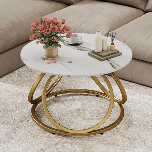 O&K FURNITURE Mesa auxiliar redonda dorada, parte superior de mármol sintético con venas, mesa central moderna con marco de metal dorado, para sala