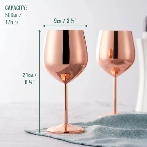 Miniatura 5 de Oak & Steel - Juego de 4 copas de vino de acero inoxidable de oro rosa en caja de regalo de Navidad, copa de vino de metal de 18 onzas, copas