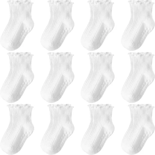 Miniatura 10 de Calcetines antideslizantes para bebés y niñas pequeñas, con volantes, de algodón, lindos, paquete de 12 unidades, para niños de 6 meses a 7 años