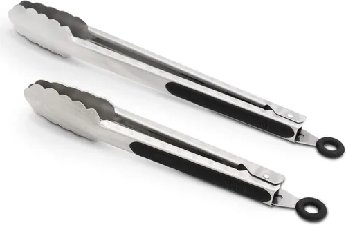 Pinzas de cocina de acero inoxidable 304, juego de 2 pinzas resistentes de 9 y 12 pulgadas para asar a la parrilla, con bloqueo cepillado y agarre
