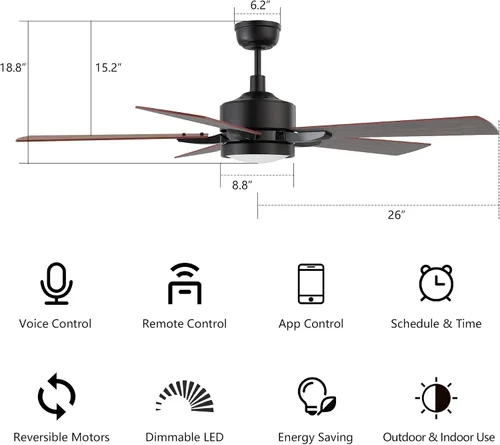 Miniatura 9 de SMAAIR Ventilador de techo inteligente con luz de 52 pulgadas, control remoto de 10 velocidades/aplicación, luz LED regulable moderna, motor CC
