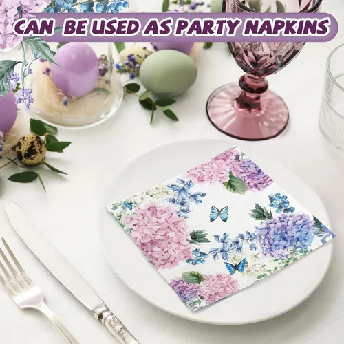 Miniatura 2 de Hotop Paquete de 200 servilletas de hortensias moradas para invitados, día de la madre, servilletas florales de mariposa, desechables, toallas