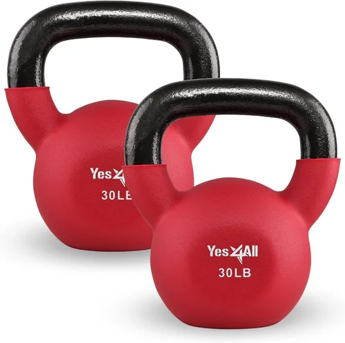 Miniatura 18 de Yes4All Pesas rusas, pesas rusas de hierro fundido recubiertas de neopreno de 5-65 LB, asa de agarre ancho y fondo plano para balanceos, B. 10