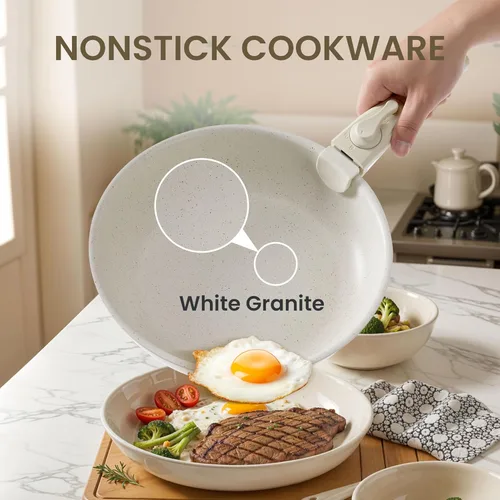 Miniatura 6 de Simple Deluxe Juego de 12 utensilios de cocina antiadherentes, con textura de granito beige y asas desmontables, resistentes a altas temperaturas