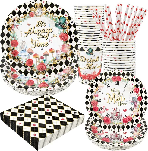 Decoraciones para la fiesta del té de Alicia - Platos de papel para baby shower, servilletas, tazas y pajitas para 24 invitados, juego de vajilla