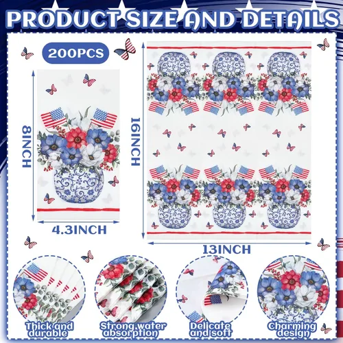 Miniatura 3 de Seajan 200 toallas de mano desechables de papel para el 4 de julio, para baño, patriótico, rojo, blanco y azul, 250 aniversario, toallas desechables