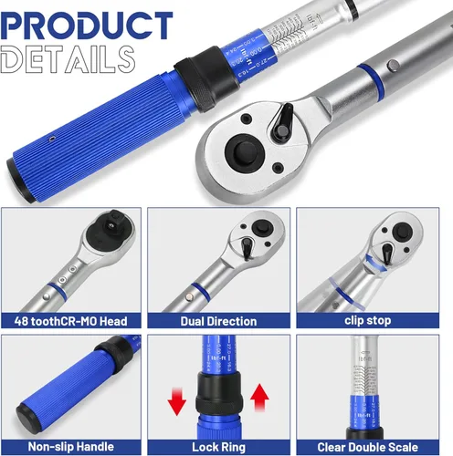 Miniatura 6 de Llave dinamométrica de clic de 3/4 pulgadas, llave dinamométrica profesional de clic de doble dirección 100-600FT.LB/135-815N.M, escalas de doble