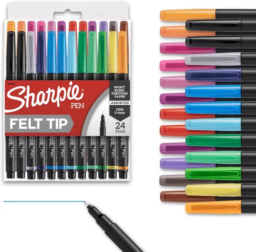Bolígrafos de punta de fieltro Sharpie, punta fina (0.4mm), surtidos, 24 unidades - Perfectos para diario, arte, dibujo, colorear, escritura, aula