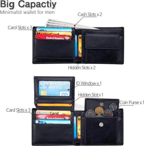 Miniatura 7 de OFAMOUS Cartera de cuero para hombre con bolsillo para monedas, ventana de identificación con bloqueo RFID, delgada, plegable, para tarjeta