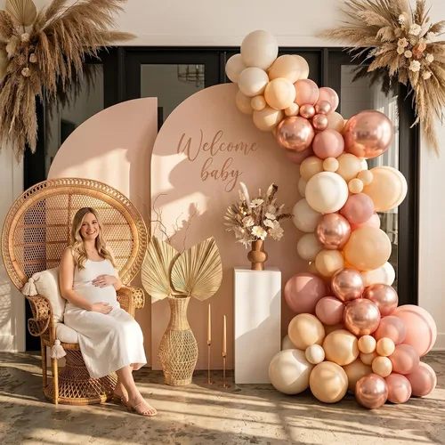 Miniatura 5 de Paquete de 60 globos de 12 pulgadas con temática retro rosado rubor, globos rosa palo, oro rosa metálico cromado, arena blanca y piel, decoración