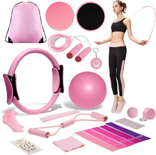 Kit esencial de pilates, juego de equipo de pilates para mujer con anillo de pilates y juego de pelotas, bandas de resistencia, cuerda de saltar y