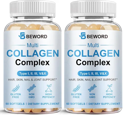 Miniatura 9 de BEWORD Cápsulas blandas de colágeno múltiple para mujeres y hombres, 60 cápsulas – Colágeno hidrolizado tipo I, II, III, V, X con vitamina C y ácido