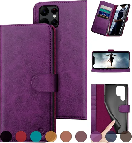Miniatura 11 de DuckSky Funda tipo cartera de cuero genuino para Samsung Galaxy S22 Ultra 【Bloqueo RFID】【4 tarjeteros de crédito】【Cuero auténtico】 Funda protectora
