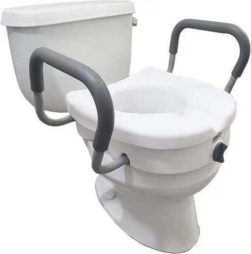 Carex E-Z Lock - Asiento de inodoro elevado con asas, elevador de asiento de inodoro de 5 pulgadas con brazos, asiento de inodoro elevado para