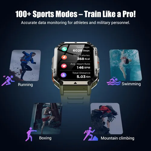 Miniatura 6 de Relojes inteligentes militares para hombres, reloj inteligente para Android iPhone con gran pantalla HD de 2.01 pulgadas, linterna, batería de 100