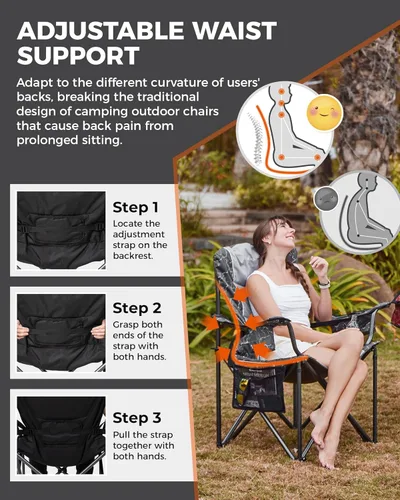 Miniatura 4 de KingCamp Silla plegable de campamento de gran tamaño, resistente 450 libras con soporte lumbar, asiento acolchado con soporte para tazas y bolsa