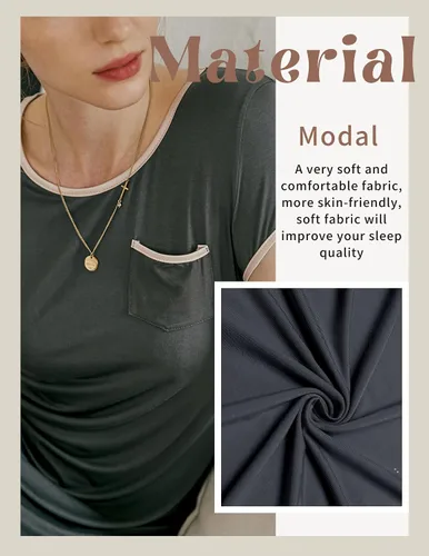 Miniatura 5 de Ekouaer - Vestido de dormir de mujer, camisón de manga corta con parches de satén, con bolsillos