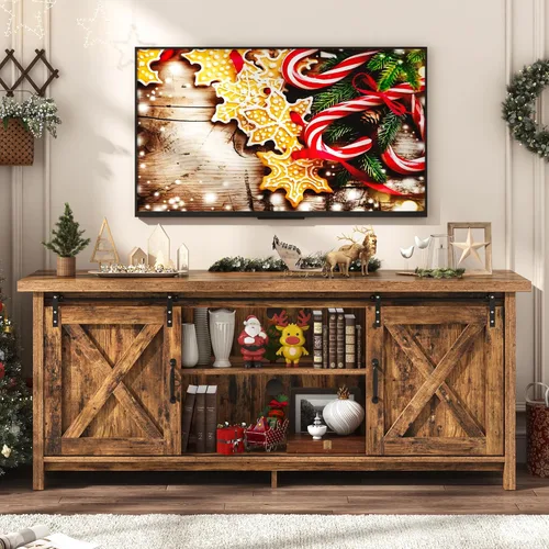 Miniatura 8 de Soporte de TV de granja para TV de 65 pulgadas con puerta corrediza de granero, centro de entretenimiento de madera rústica, gabinete de consola