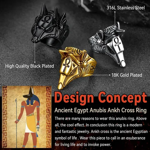 Miniatura 8 de FaithHeart Anubis - Anillos para hombres y mujeres, joyería de acero inoxidable resistente, anillo de amuleto de cruz Ankh, embalaje delicado, Acero