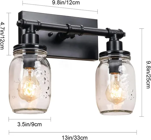 Miniatura 6 de Lámpara de tocador de baño de 2 luces, lámpara de baño negra, aplique de pared industrial de granja con pantallas de vidrio, lámpara de tocador