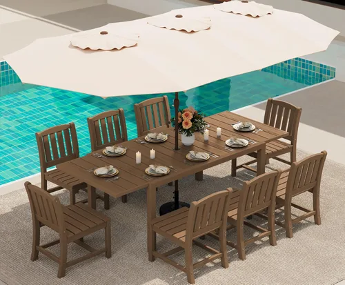 Miniatura 36 de SERWALL Juego de comedor para exteriores de 9 piezas, mesa de comedor expandible de 60 a 83 pulgadas y 8 sillas de polietileno de alta densidad