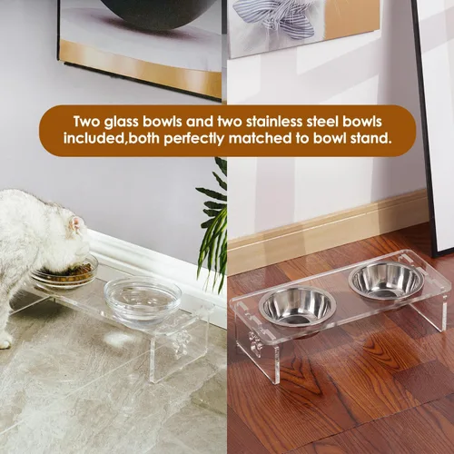 Miniatura 3 de Cuencos elevados para perros y gatos, soporte elevado de acrílico de 3.75 pulgadas con 2 cuencos de acero inoxidable y 2 cuencos de vidrio, juego