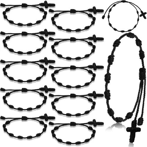 Otuuz 24 pulseras de rosario católico negro hechas a mano con cruz de rosario para hombres y mujeres, 10 nudos con recuerdos de mano de bautizo,